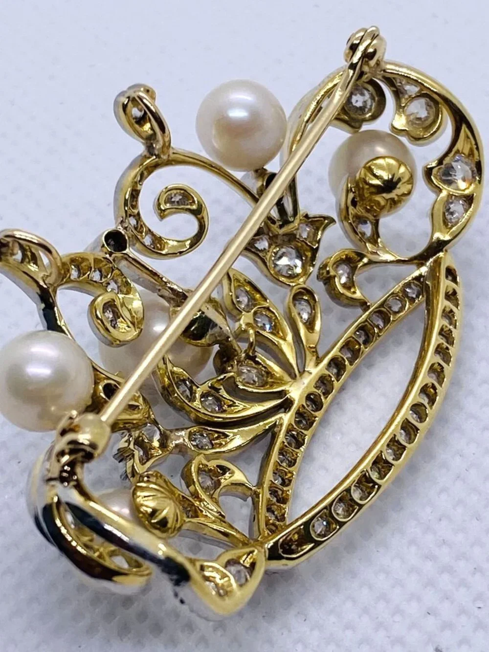 Platinum 950 18K Yellow Gold Pearl & Diamond Tiara Brooch